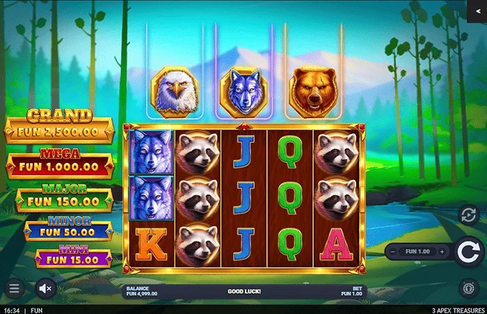 3 Apex Treasures - หน้าจอเกมหลักที่มีวงล้อขนาด 5x3